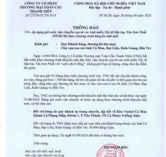 Bảng giá cước vận chuyển sẽ được áp dụng từ 01/09/2024